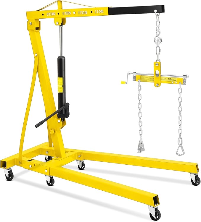 2 Ton Hydraulic Engine Hoist with Lever Stabilizer , Cherry Picker Engine Hoist, 4400LBS Heavy Duty Garage Crane with 6 Swivel Casters & Adjustable Telescopic Boom, for Auto Repair & Workshop (Yellow)