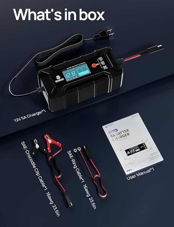 DC HOUSE 5A Battery Charger, 12V Smart Lithium Battery Charger for LiFePO4 & Lead Acid, Trickle Charger Maintainer and Desulfator for Car, Motorcycle, Automotive Batteries