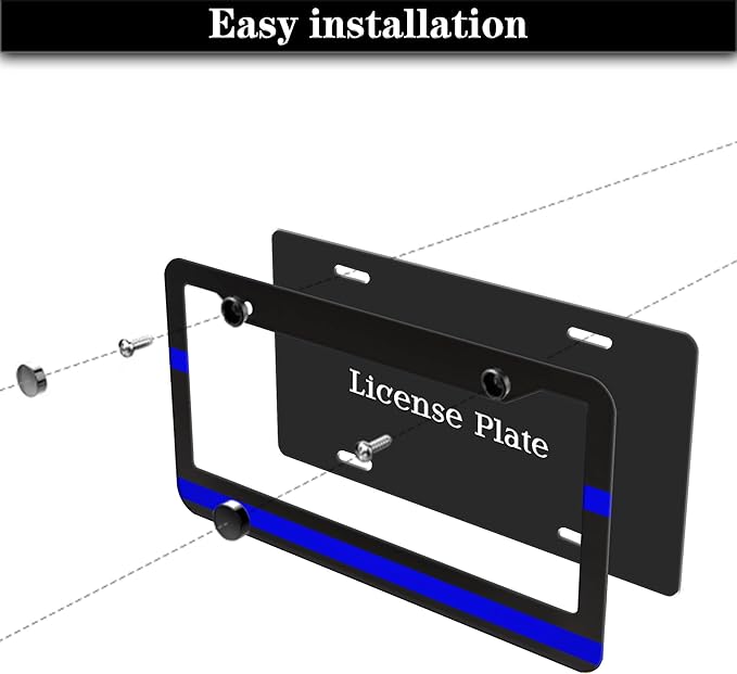 License Plate Frames for Women Blue Black Automotive Exterior Accessories for Men Blue Line Aluminum Metal Car Accessory 2 Pack with Screw Covers Set