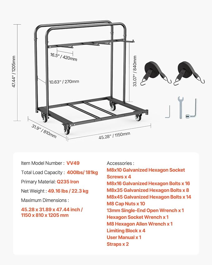 VEVOR Folding Chair Rack, 400 LBS Capacity, Heavy-Duty Chair Cart for 5 Tables+14 Chairs, Chair Storage Dolly Chair Holder w/Swivel Casters and Locking Wheels,for Party Event,Hotel, Matte Black