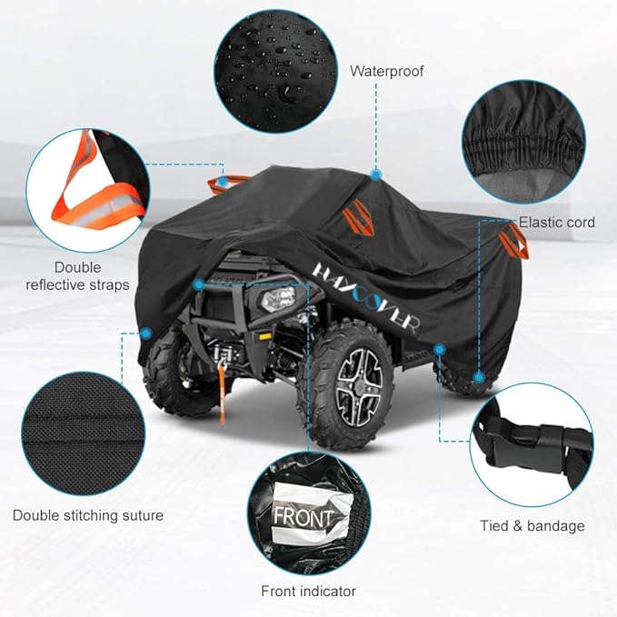 ATV Cover Waterproof for Polaris Sportsman Yamaha Grizzly Honda Kawasaki with Straps Reflective Storge Black 82x47x45 inch(XL)