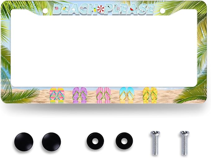 Beach Please License Plate Frame Hawaii Flip Flops License Plate Stainless Steel Auto Parts Funny License Plate Holder Men Women Decoration with Screw License Plate Holder 12"x6"