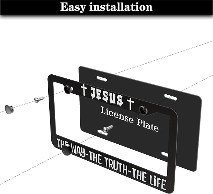 License Plate Frame Black and White Front License Plate Bracket Jesus The Way The Truth The Life Aluminum Metal Car Accessory 2 Pack with Screw Covers Set