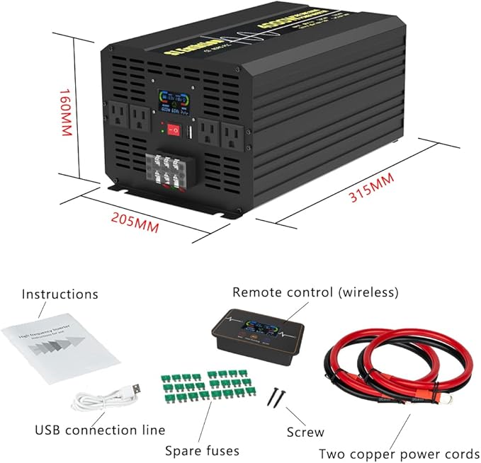 4000W Pure Sine Wave Power Inverter 12V DC to 120V AC 60HZ with LCD Display, USB Port, Wireless Remote Control（10M）, Solar, Outdoor