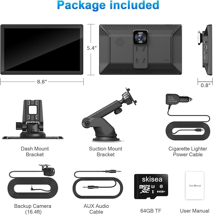 Portable Carplay Screen for Car, 9" Wireless Carplay Touchscreen with 4K Dash Cam, Android Auto Car Stereo, Car Audio Receivers with 1080p Backup Camera, GPS, Bluetooth, FM, Siri