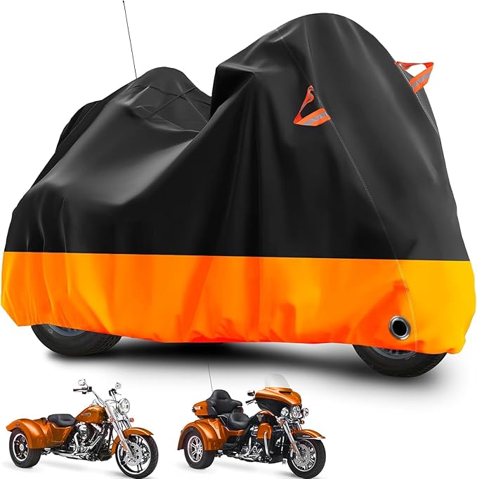 Trike Motorcycle Cover, Outdoor Waterproof Vehicle Cover with Windproof Buckle Reflective Strip for Harley Davidson, Honda Gold Wing, Kawasaki 3 Wheel Motorcycle Accessories (Black&Orange)