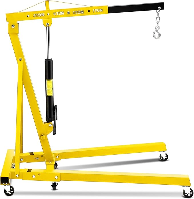 2 Ton Engine Hoist, Hydraulic Cherry Picker Engine Hoist Lift, 4400LBS Heavy Duty Crane Lifter with 6 Casters and Telescopic Boom, Foldable & Portable Design, for Garage, Workshop, Warehouse (Yellow)