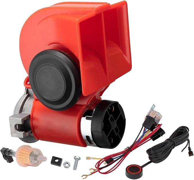 Train Horns kit for trucks,Air Horn for Motorcycle,Train Sound Car Horn Kit 12V Super Loud Electric Bull Horn(red horn with wire and button, 12v)