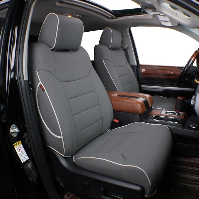 EKR Custom Fit Tacoma Front Car Seat Covers for Select Toyota Tacoma 2016 2017 2018 2019 2020 2021 2022 2023 Double Cab/Access Cab - Front Row Only, Leather(Gray)