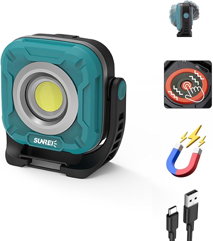 SUNREI 1300LM LED Magnetic Work Light with Stepless Dimming, 7800mAh COB Mechanic Flashlight, IPX65 Recharge Floodlight with Hook, 300° Rotate Job Site Lighting for Car Repairing, Camping, Working