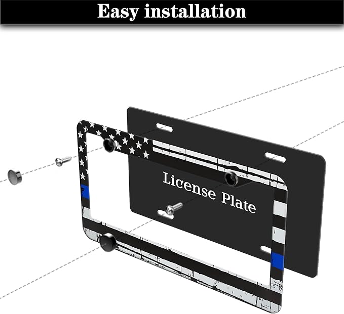 License Plate Frames Black, White, and Blue License Plate Frame American Flag USA Flags Universal Aluminum Car Accessory 2 Pack with Screw Covers Set