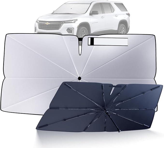 Windshield Sun Shade Umbrella Compatible with 2018-2023 Chevy Traverse Accessories: Custom Fit 210T Silver, Foldable Sunshade Front Window Sun Visor, Blocks UV Rays, Keeps Car Cool for L, LS, LT, RS