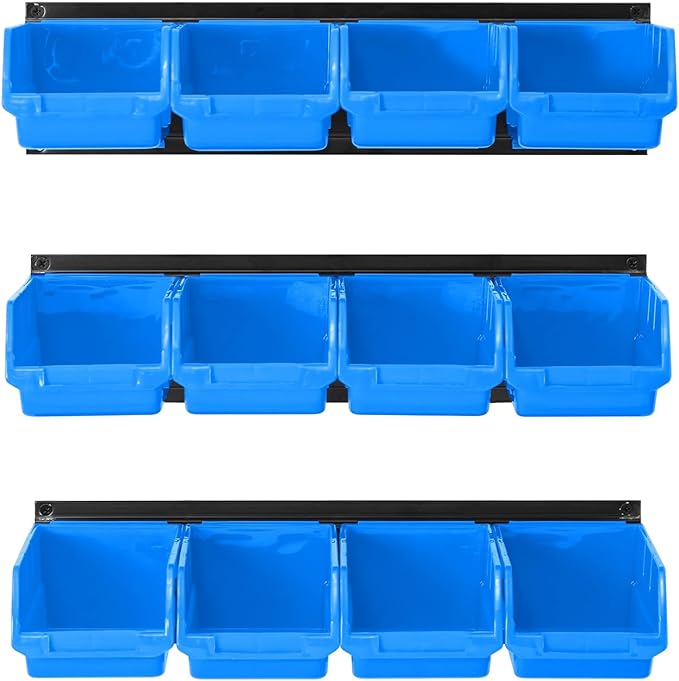 Ultrawall Wall Mounted Storage Bins, Plastic Hanging Storage Organizer Bins, Garage Tool Storage System for Screws, Nuts, Bolts, Nails, and Small Hardware Parts, 12x bins & 3 x rails, Blue