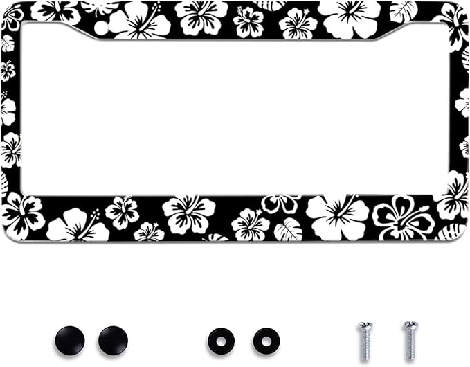 White Hibiscus Hawaii Flowers License Plate Frames Floral Round Hole Personalise License Plate Frame Car Universal Accessories Stainless steel Cars Decor Fits Standard US Vehicles Size 12.2 x 6 Inches