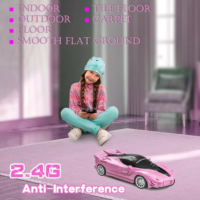 Remote Control Car, Pink RC Cars for Girls, Rechargeable RC Racing, 2.4Ghz Electric Power On Road High Speed Drift Model Vehicle Toy with Led Headlight, Birthday for Kids Age 3+