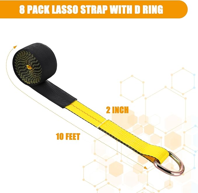 8Pack 2" X 10 ft Tow Truck Straps Lasso Wheel Lift Straps Lasso Tow Strap with D Ring 11, 000 Lbs Break Strength Auto Tie Down Auto Hauler for Trailer Truck Tie(Yellow)