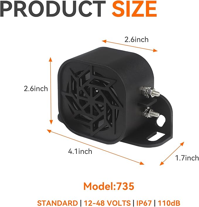 735 Back-up Alarm 12V-48V 110dB IP67 Waterproof Dust-Proof Reversing Warning Alarm with Super Loud Beeper Tone for Truck Van Forklift Car Lorry Agricultural Vehicles