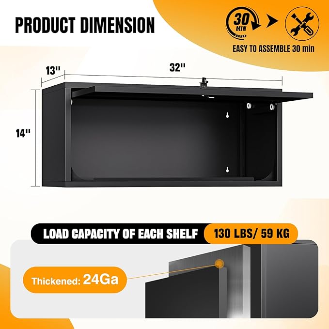 Small Wall-Mounted Locking Cabinet Metal Garage Storage Cabinet Hanging Medicine Lockable Steel Utility Floating Tool 14" H Assembly Required Black