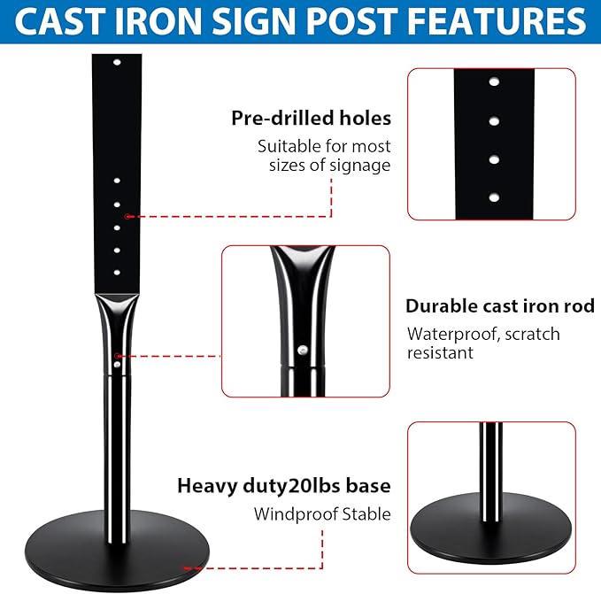 2Pack Heavy Duty Parking Sign Post for Outside, 20lbs Cast Iron Base Sign Post for Outdoor Sign Holder, Yard Sign Stand, Street Sign Post, 49" Height, Black