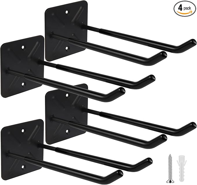 Steel Garage Storage Hooks Wall Tool Organizer, 14 Inch Garage Hook Heavy Duty Utility Storage Hangers Black for Ladders, Chairs, Garden Tools, Set of 4