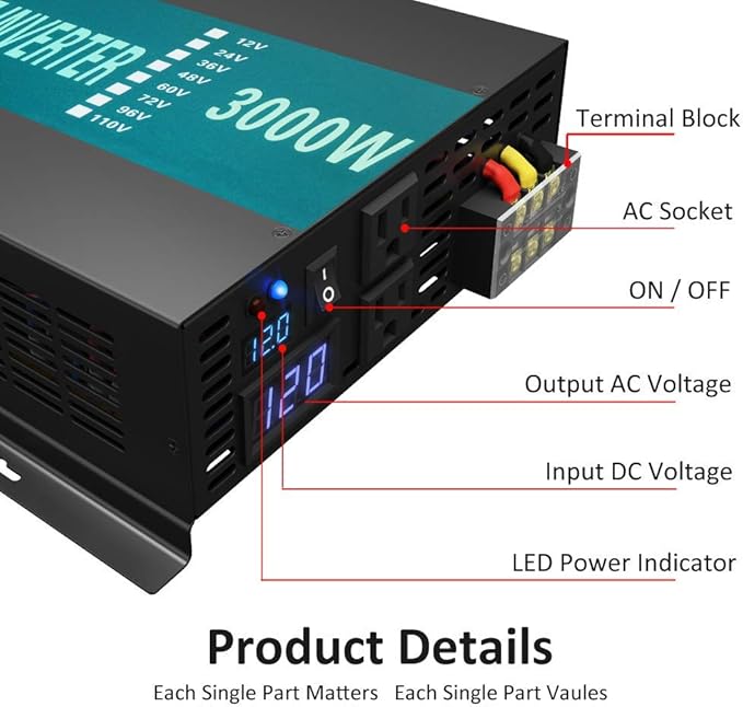 WZRELB 3000W 12V Pure Sine Wave Solar Power Inverter DC AC Converter (RBP300012W),Black