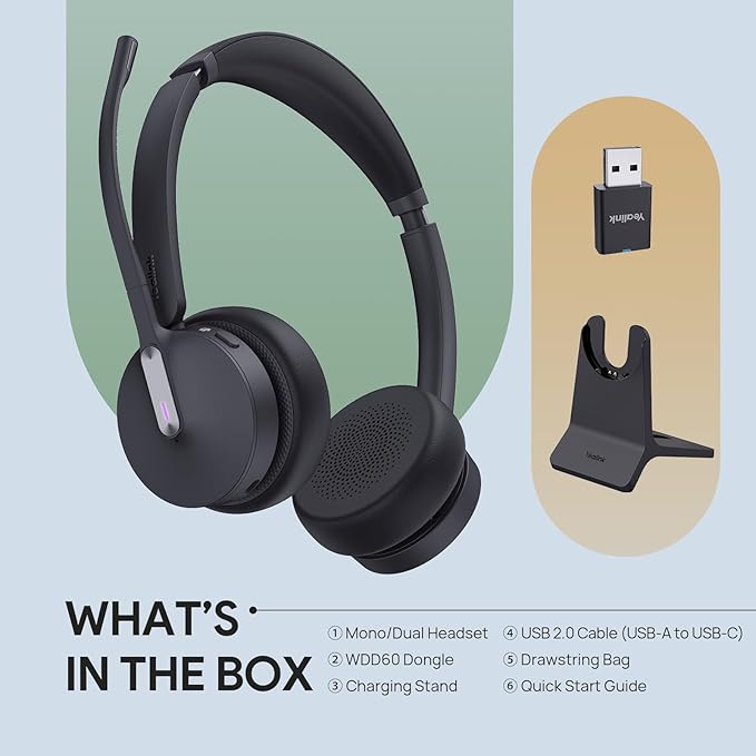 Yealink WH64 Hybrid DECT& Bluetooth Wireless Headset, 492ft Range Mono Teams UC Headphones with DECT Dongle & Charging Stand, 3X Mic, 26H Talk Time,Portable Single Headsets for PC,Cellphone,Laptop