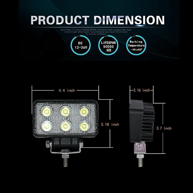 2PACK 18W Rectangle High Power 12/24 volt LED Work Light, 2400LM Foglight Waterproof Flood Driving Light for Tractor,Truck,ATV,Boat, 4x4 Offroad