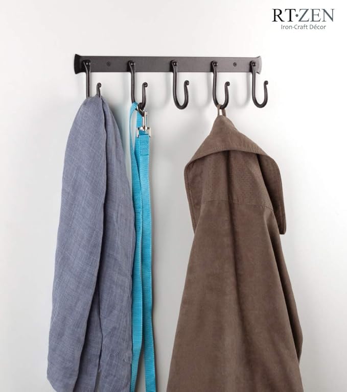RTZEN Wall Mount Hook Set - Wrought Iron Decorative Rustic Metal Coat Hooks for Hanging - Handcrafted Classic Farmhouse Wall Mounted Black Hooks for Towel Robe or Hat Hanging - 5 Hook Rack