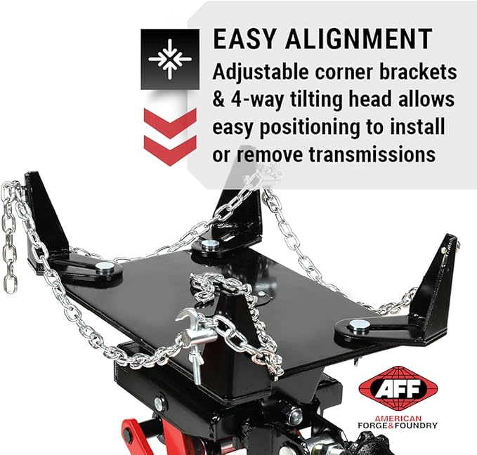 AFF Low Profile Manual Hydraulic Transmission Jack - Heavy Duty Steel Body, Adjustable Saddle with Safety Chain & 360 Handle - for Transmissions, Transfer Cases & Differentials (Multiple Capacities)
