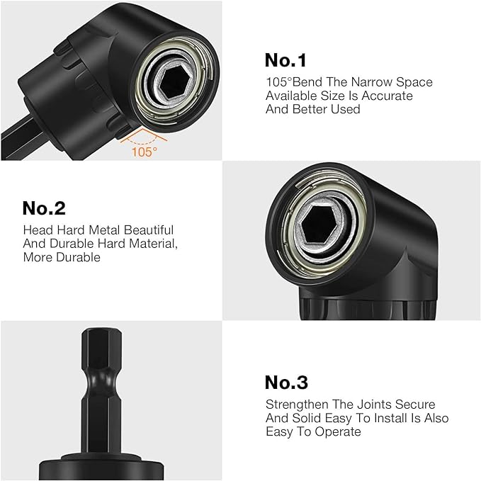 Right Angle Drill Adaptor,4-in-1 Impact Drill Bit Extension,360° Rotatable 1/4 3/8 1/2" Impact Grade Socket Adapter Set,105 Degree Angle Screwdriver Drill Bit for Household Workplace Industry
