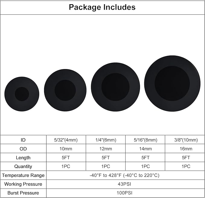 EVIL ENERGY 5/32 1/4 5/16 3/8 Silicone Vacuum Tubing Hose Line Kit 5FT 4PCS 130PSI Max Pressure (4mm 6mm 8mm 10mm)