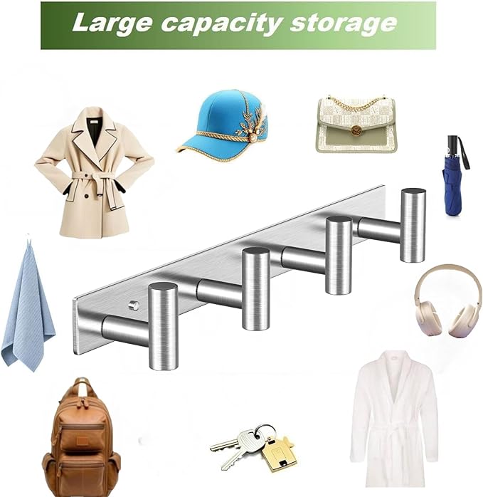 Wall Mounted Coat Rack-4 Hooks, Heavy Duty Stainless Steel Hook Rail for Towel Coat Hat Purse Bag Jacket, Towel Hooks for Entryway Bathroom Kitchen (Silvery 4 Hooks - 1 Pack)