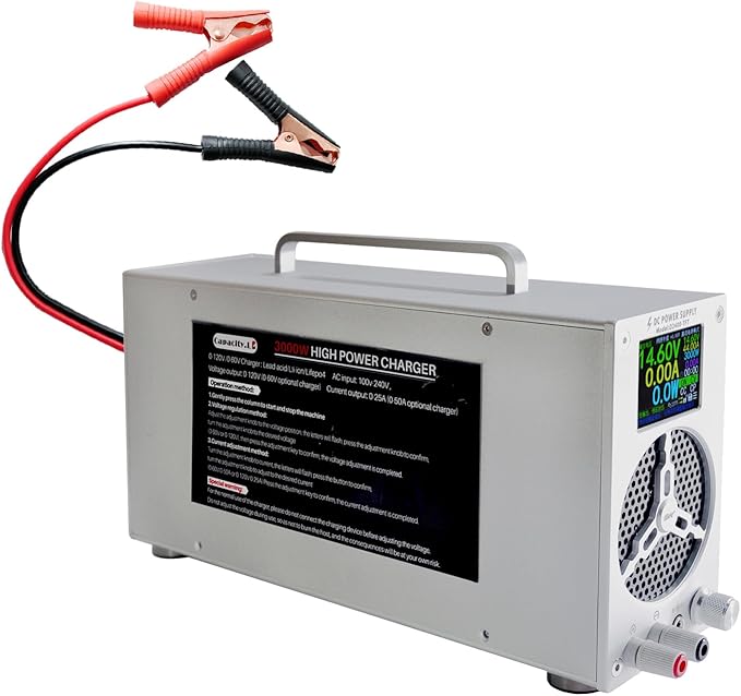 High Power Battery Charger, 0-120V Upgraded Design LifePO4 Battery Charger, One Click Control Adjustable Current/Voltage for LiFePO4 Lithium Iron Rechargeable Battery((0-25A)