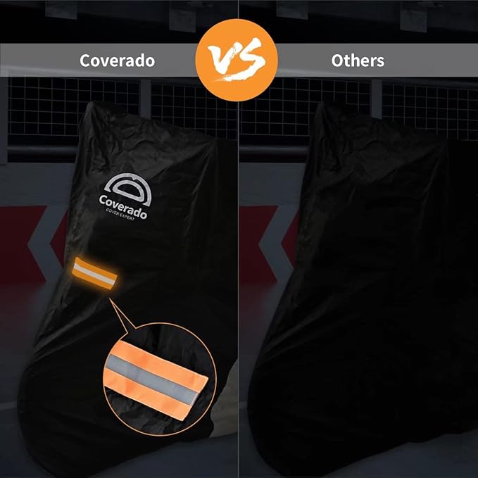 Motorcycle Cover Waterproof Outdoor, Coverado All Weather Protection Motorbike Cover with Lockholes and Night Reflector, Universal Fit for Harley Davidsion Yamaha Honda Suzuki etc (up to 111" Motors)