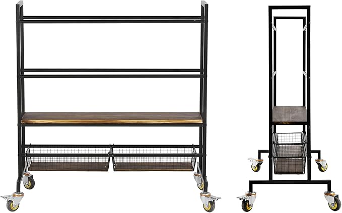 MyGift Sports Ball Organizer for Garage with Wheels, 4 Tier Large Heavy Duty Basketball Holder Stand, Black Metal Sports Equipment Storage Rack with Burnt Solid Wood Shelf, and 2 Basket Training Equip