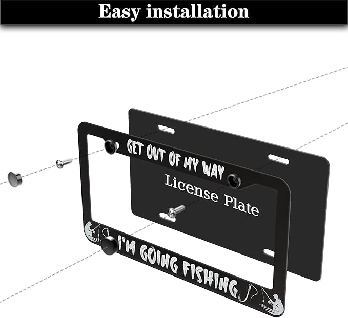 Car License Plate Frame Black and White License Plate Frames Get Out of My Way I'm Going Fish Aluminum Metal Car Accessory 2 Pack with Screw Covers Set
