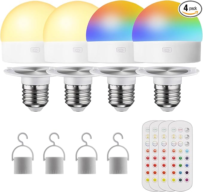 HISTAR Rechargeable Light Bulbs with Remote, E26 Battery Operated Light Bulb for Non-Hardwired Fixture, 3-Color Temperature, RGB, Timer, 4Pack
