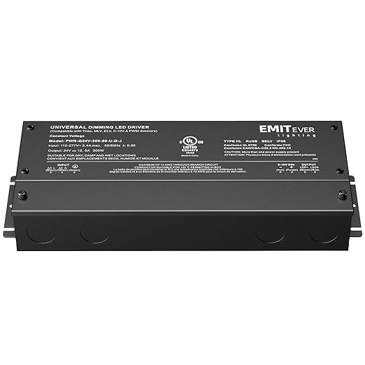 EMITEVER Dimmable Led Driver, 300W AC 110V-277V to DC 24V Transformer, 5-in-1 Dimming: ELV/MLV/TRIAC / 0-10V / 1-10V / 10V PWM/Potentiometer, Waterproof IP67 and UL Listed