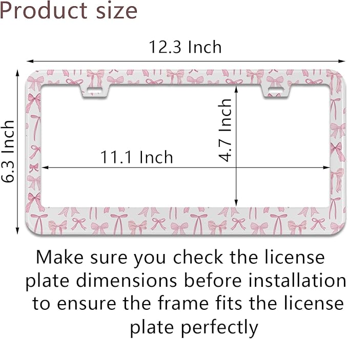 License Plate Frame for Pink Bow Stainless Steel License Plate Frames Holder Covers Rust-Proof Auto Parts Decoration with Screws License Plate Holder for Car Accessories 12x6 Inch