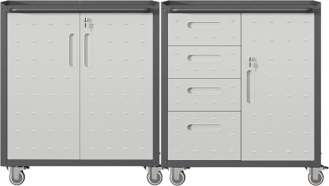 Metal Tool Cabinet,Garage Storage Cabinet System,Wall Cabinet & Locking Rolling Tool Cabinet with Doors and Adjustable Shelves,Steel Tool Cabinets for Home,Office (2 Pcs-Styled, Black & Grey)