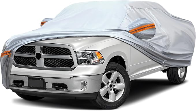 KEYOOG Car Cover, Fit for 213"-237" Length Pickup Truck, 6-Layer All-Weather Waterproof, Universal in All Seasons, Snow Prevention, Rainproof, Acid Rainproof, Sunscreen, Orange Reflective Strip