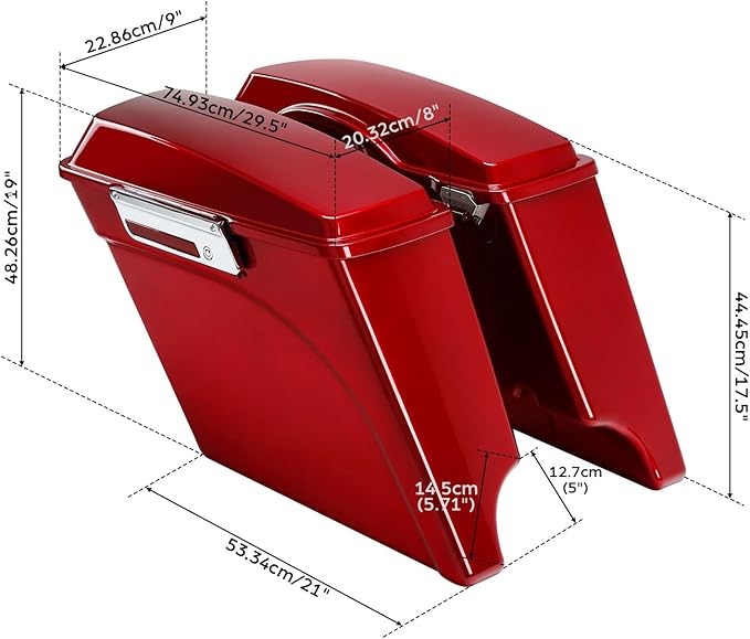 XFMT Motorcycle Stretched Saddlebags 5" Extended Hard Saddle Bags For Harley Touring Road King Street Glide Road Glide Electra Glide Ultra Classic 1993-2013, Red