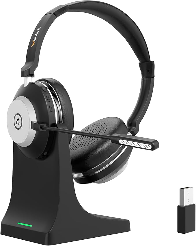 Wantek Wireless Headset with Mic for Work,Bluetooth Headset with AI Noise Cancelling,Mic Mute,Charging Base & USB Dongle for Laptop/Computer/Cell Phone, Remote Work & Call Center