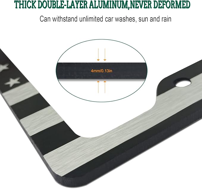 American Flag License Plate Frames - 2 Pack USA Patriotic Black Car Tag Holder, 4 Hole Brushed Aluminum Cover with Screw Caps for Vehicle Truck or SUV