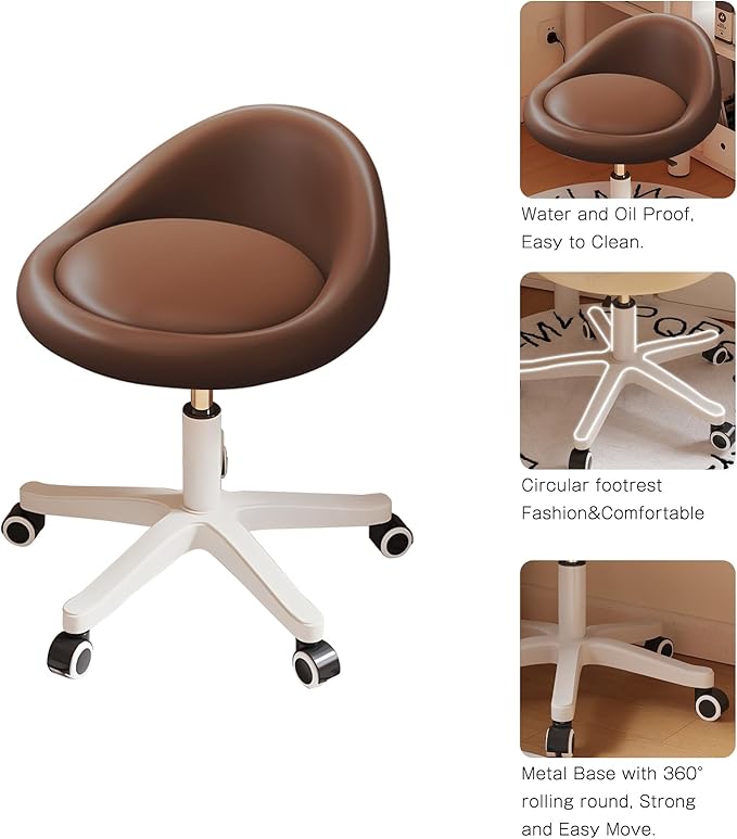 Rolling Stool Set of 4 Rolling Hydraulic Salon Stool with Low Backrest - Adjustable Swivel Chair for SPA, Shop, Salon, Massage, or Medical Office Brown