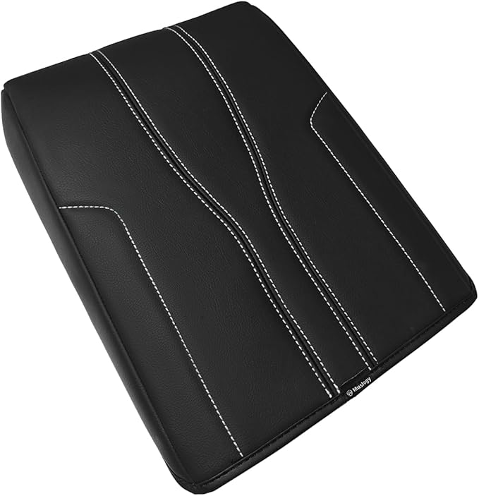 Muslogy Armrest Cover Center Console Cover Compatible with 2024 2025 GMC Acadia & Chevrolet Chevy Traverse Accessories Vegan Leather Arm Rest Middle Console Protector (Black/White Stitching)