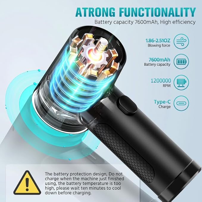 Electric Air Duster & Blower, 120,000RPM Compressed Air Duster for PC/Keyboard/Car, 7600mAh Rechargeable, 3-Speed LED Fan, No Canned Air - Keyboard Cleaner, Turbo Fan, PC Cleaning Kit