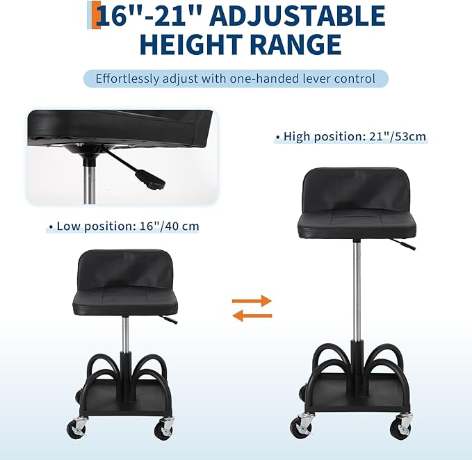 Garage Stool, 19”-25” Adjustable Rolling Mechanic Stool with Universal Wheels, Removable Magnetic Tool Tray, 300LBS Capacity, Roller Creeper Seat, Shop Chair
