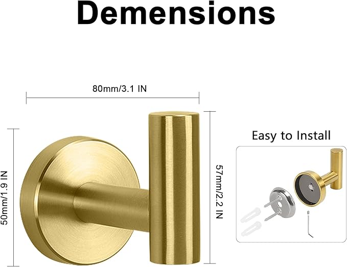 NearMoon Bath Towel Hooks- SUS 304 Stainless Steel Robe Hook Holder, Heavy Duty Coat Hook for Bathroom Livingroom Hotel Kitchen Garage, Wall Mounted (Brushed Gold, 4 Pack)
