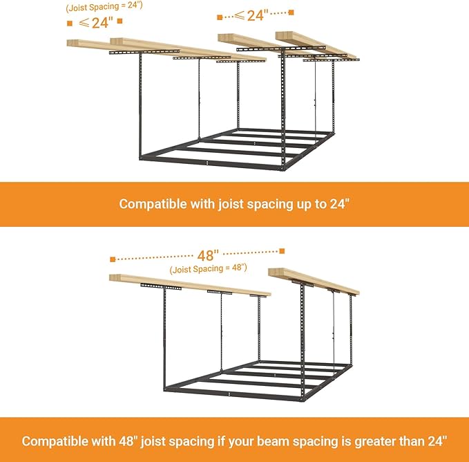 4x8ft Overhead Garage Storage Rack Wooden Decking Not Included, Heavy Duty Metal Rack, Adjustable Ceiling Dropdown, 600lbs Weight Capacity (Black)
